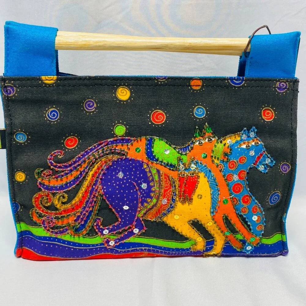 Laurel Burch Small Canvas Art Tote Bag With Blue Wooden Handles Horse Print